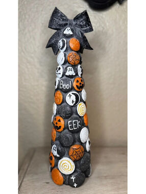 16" Tall Halloween Candy Tower - Resin - Black Glitter Bow - Boo Eek Tree